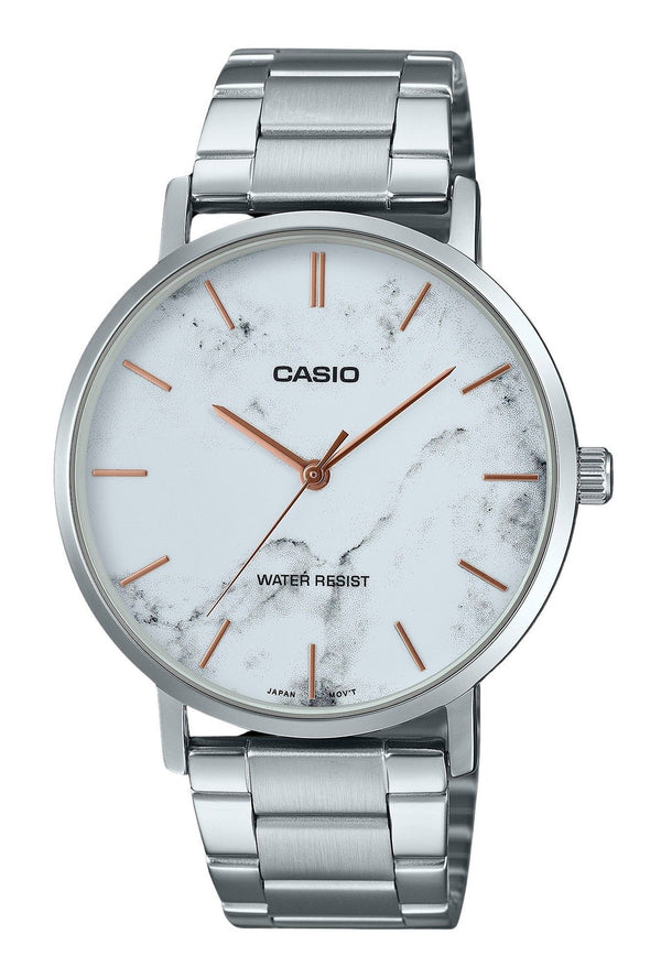 Casio Standard Analog Stainless Steel Marble Inspired White Dial Quartz MTP-VT01DM-7A Men's Watch