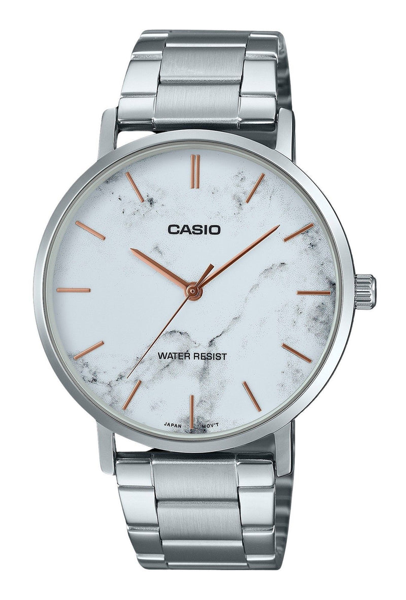 Casio Standard Analog Stainless Steel Marble Inspired White Dial Quartz MTP-VT01DM-7A Men's Watch