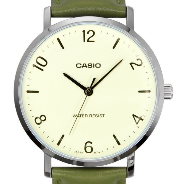 Casio Standard Analog Green Leather Strap White Dial Quartz MTP