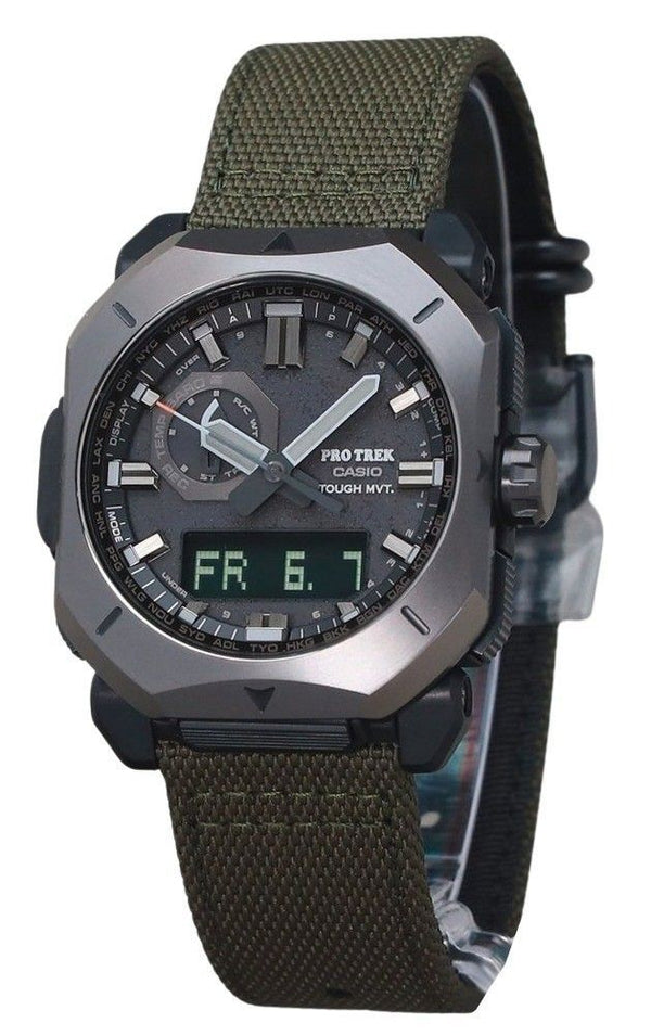 Casio ProTrek Analog Digital Green Cordura Cloth Strap Grey Dial Tough Solar PRW-6900YB-3 100M Men's Watch