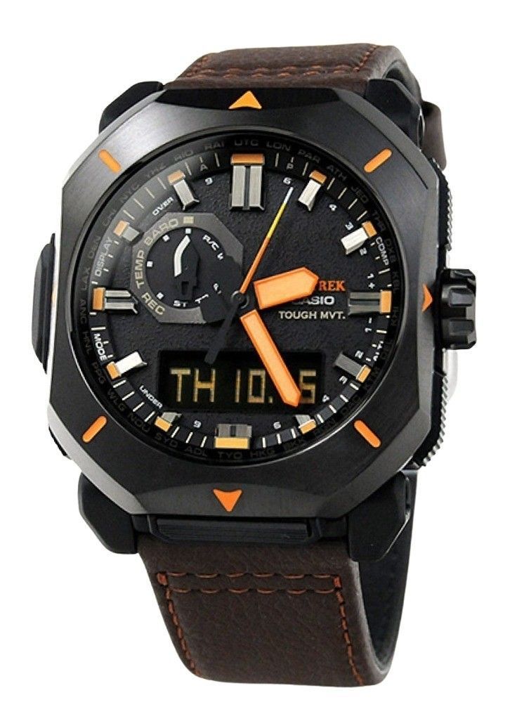 Casio ProTrek Analog Digital Brown Leather Strap Grey Dial Tough Solar PRW-6900YL-5 100M Men's Watch