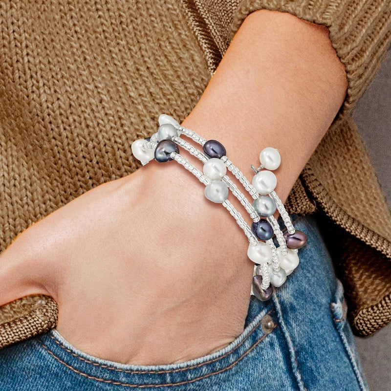7-8mm Black, Grey and White Baroque Freshwater Cultured Pearl and Glass Beaded 3-row Warp Bracelet