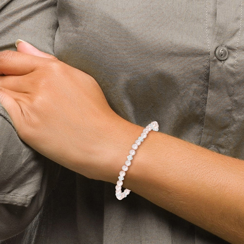 Childrens 4mm Pink Imitation Shell Pearl and Faceted Clear Crystal 45mm Stretch Bracelet