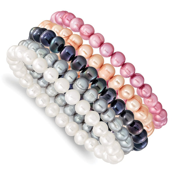 6-7mm White, Grey, Black, Pink and Purple Semi-Round Freshwater Cultured Pearl 5-piece Stretch Bracelet Set