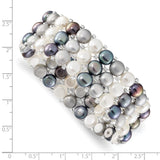 6-7mm Button Black, Grey and White Freshwater Cultured Pearl and Glass Beaded 3-row Stretch Bracelet