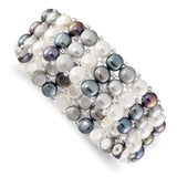 6-7mm Button Black, Grey and White Freshwater Cultured Pearl and Glass Beaded 3-row Stretch Bracelet