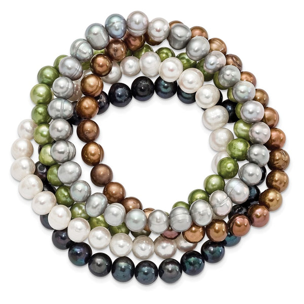 6-7mm Green, Grey, White, Black and Brown Semi-Round Freshwater Cultured Pearl 5-piece Stretch Bracelet Set