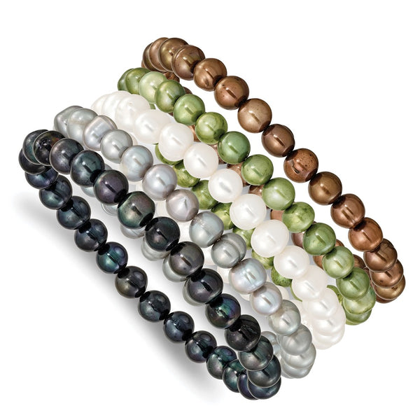 6-7mm Green, Grey, White, Black and Brown Semi-Round Freshwater Cultured Pearl 5-piece Stretch Bracelet Set