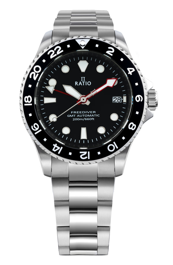 Ratio FreeDiver GMT Series Sapphire Stainless Steel Black Dial Automatic RTF051 200M Men's Watch