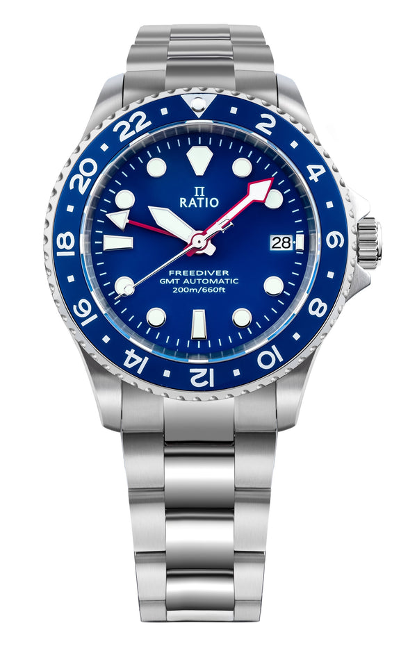 Ratio FreeDiver GMT Series Sapphire Stainless Steel Blue Dial Automatic RTF053 200M Men's Watch