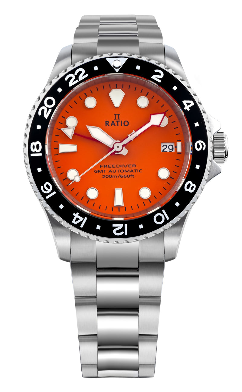 Ratio FreeDiver GMT Series Sapphire Stainless Steel Orange Dial Automatic RTF055 200M Men's Watch