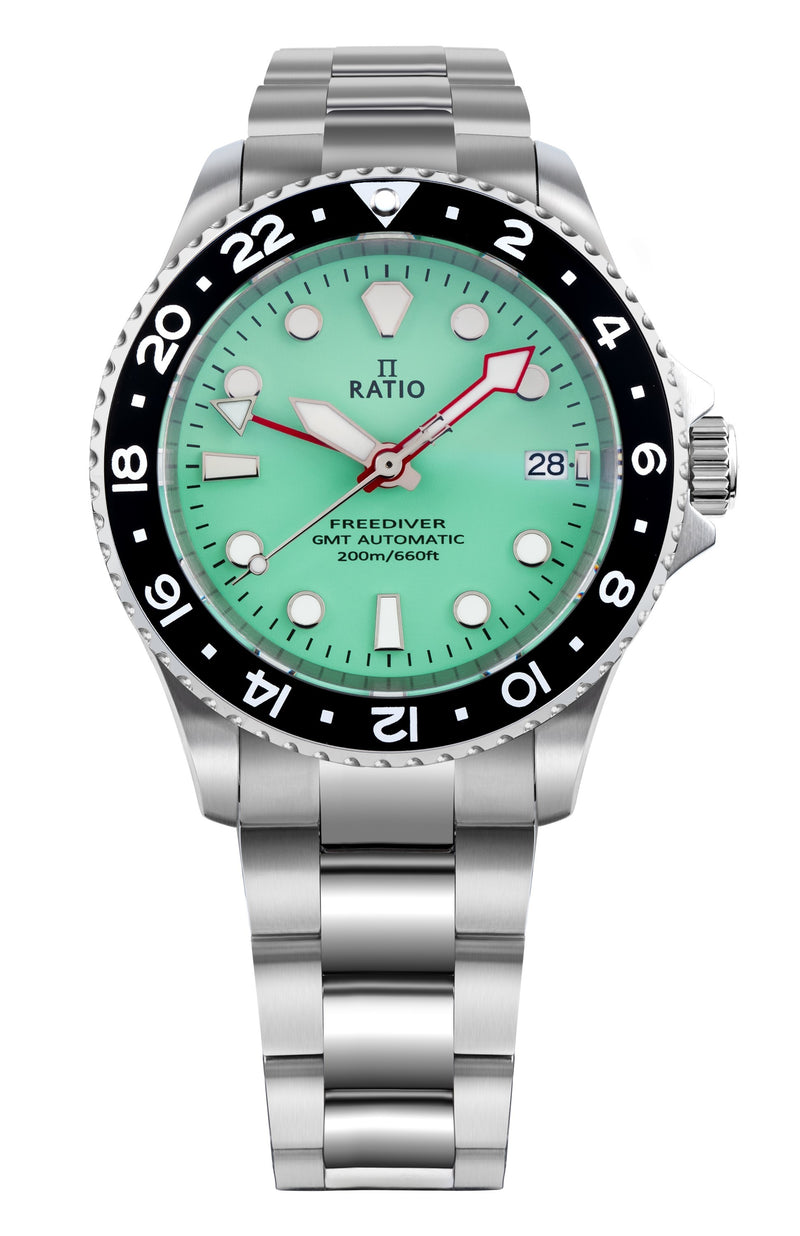 Ratio FreeDiver GMT Series Sapphire Stainless Steel Green Dial Automatic RTF059 200M Men's Watch