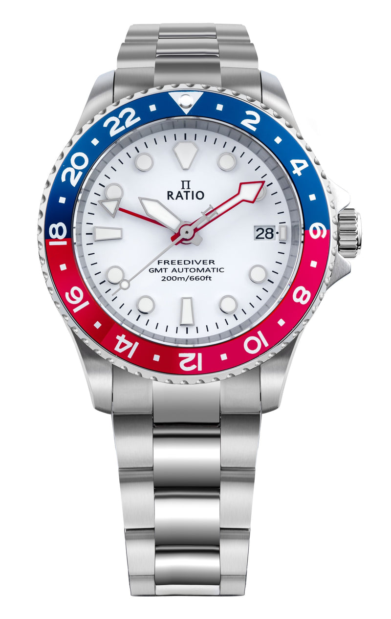 Ratio FreeDiver GMT Series Sapphire Stainless Steel White Dial Blue Red Pepsi Bezel Automatic RTF061 200M Men's Watch