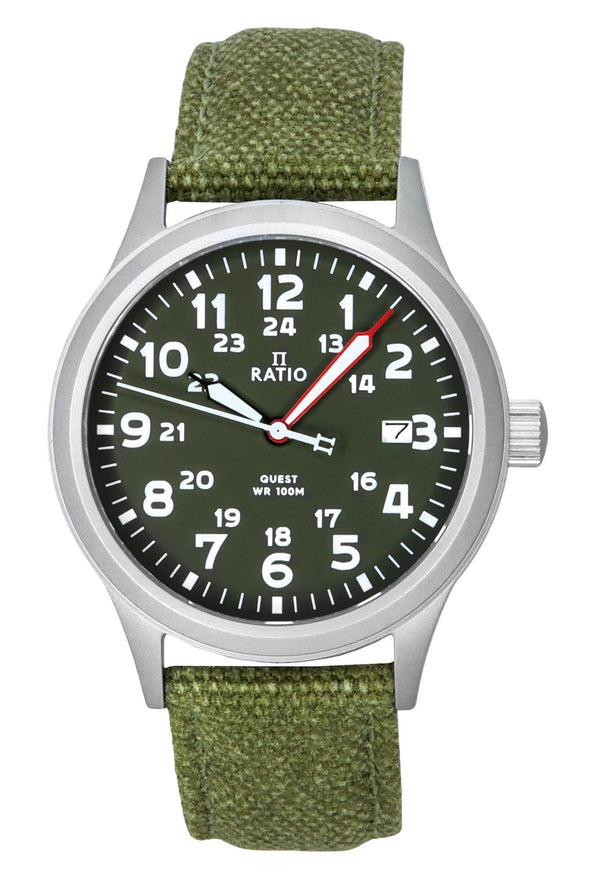 Ratio Quest Mens Field Watch Sapphire Canvas Strap Khaki Green Dial Quartz RTQ029 100M Lewis And Clark Edition