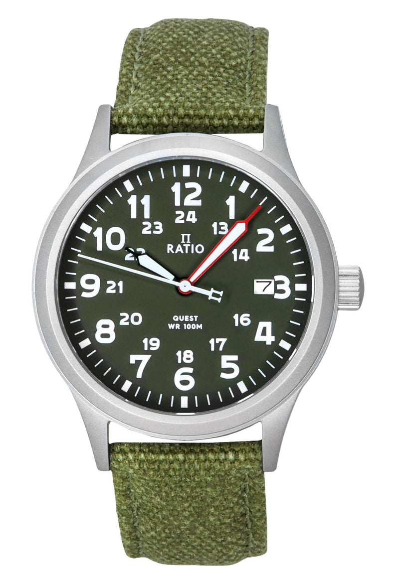 Ratio Quest Mens Field Watch Sapphire Canvas Strap Khaki Green Dial Quartz RTQ029 100M Lewis And Clark Edition