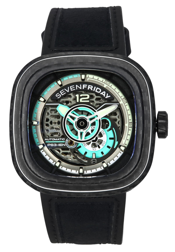 Sevenfriday P-Series Jade Carbon Grey And Blue Skeleton Dial Automatic PS3/01 SF-PS3-01 100M Men's Watch