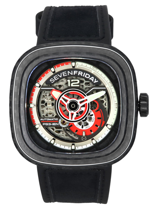 Sevenfriday P-Series Ruby Carbon Grey And Red Skeleton Dial Automatic PS3/02 SF-PS3-02 100M Men's Watch