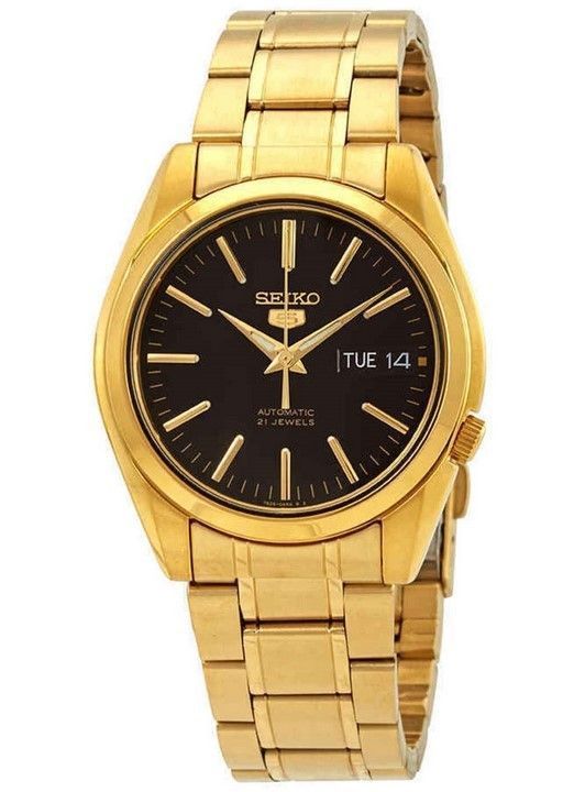 Seiko 5 Sports Gold Tone Stainless Steel Black Dial 21 Jewels Automatic SNKL50K1 Men's Watch