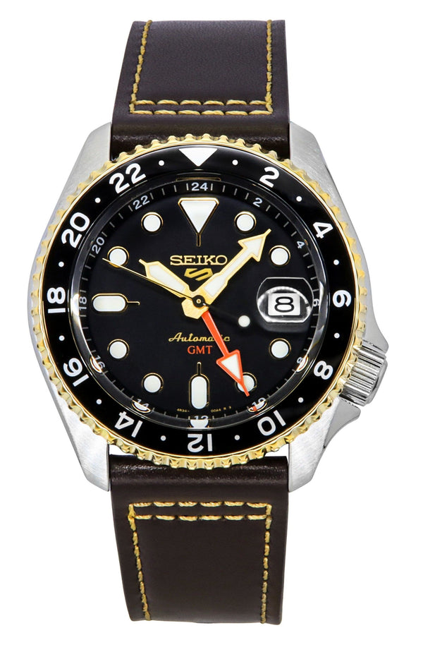 Seiko 5 Sports SKX GMT Leather Strap Black Dial Automatic SSK036K1 100M Mens Watch