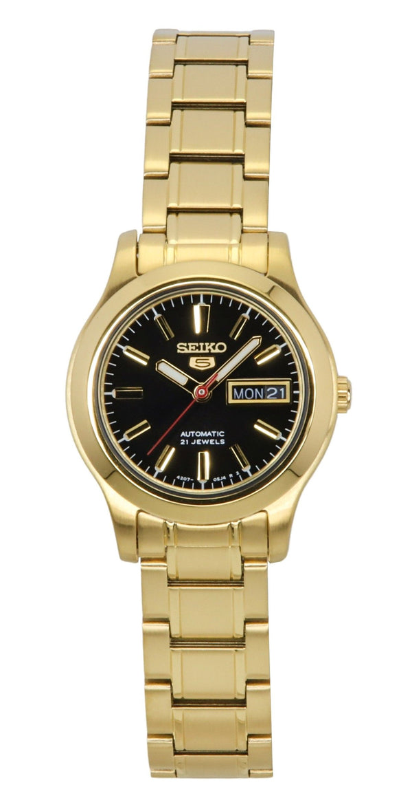 Seiko 5 Classic Gold Tone Stainless Steel Black Dial 21 Jewels Automatic SYMD96K1 Womens Watch