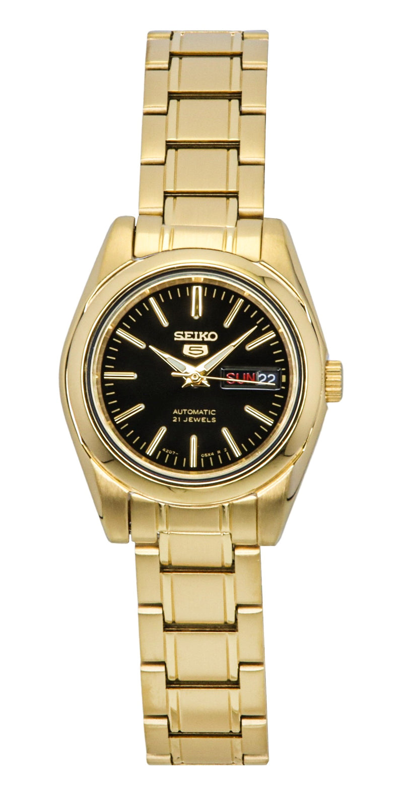 Seiko 5 Gold Tone Stainless Steel Black Dial 21 Jewels Automatic SYMK22K1 Womens Watch