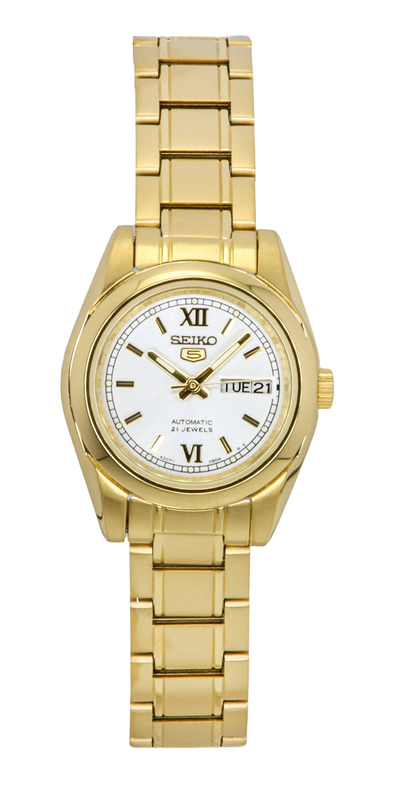 Seiko 5 Gold Tone Stainless Steel White Dial Automatic SYMK30K1 100M Womens Watch