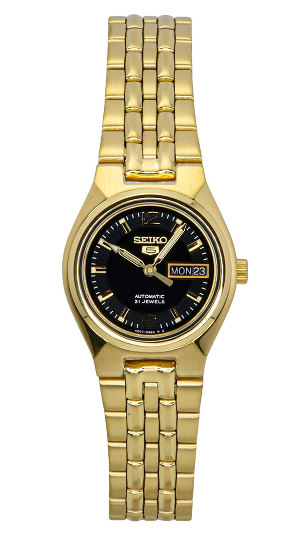 Seiko 5 Gold Tone Stainless Steel Black Dial Automatic SYMK38K1 Womens Watch