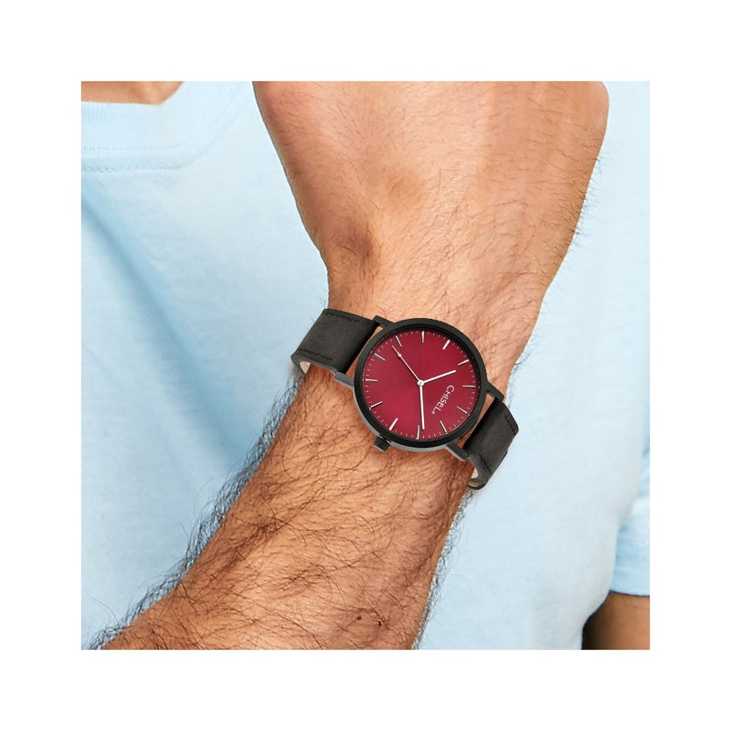 Chisel Matte Black IP-plated Red Dial Black Leather Band with Quick Release Watch