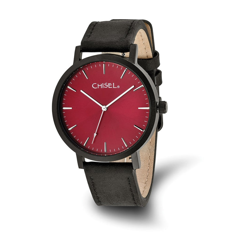 Chisel Matte Black IP-plated Red Dial Black Leather Band with Quick Release Watch