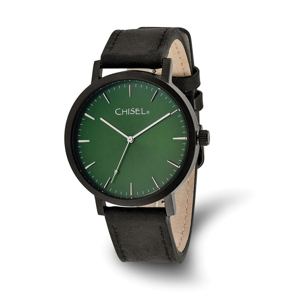 Chisel Matte Black IP-plated Green Dial Black Leather Band with Quick Release Watch