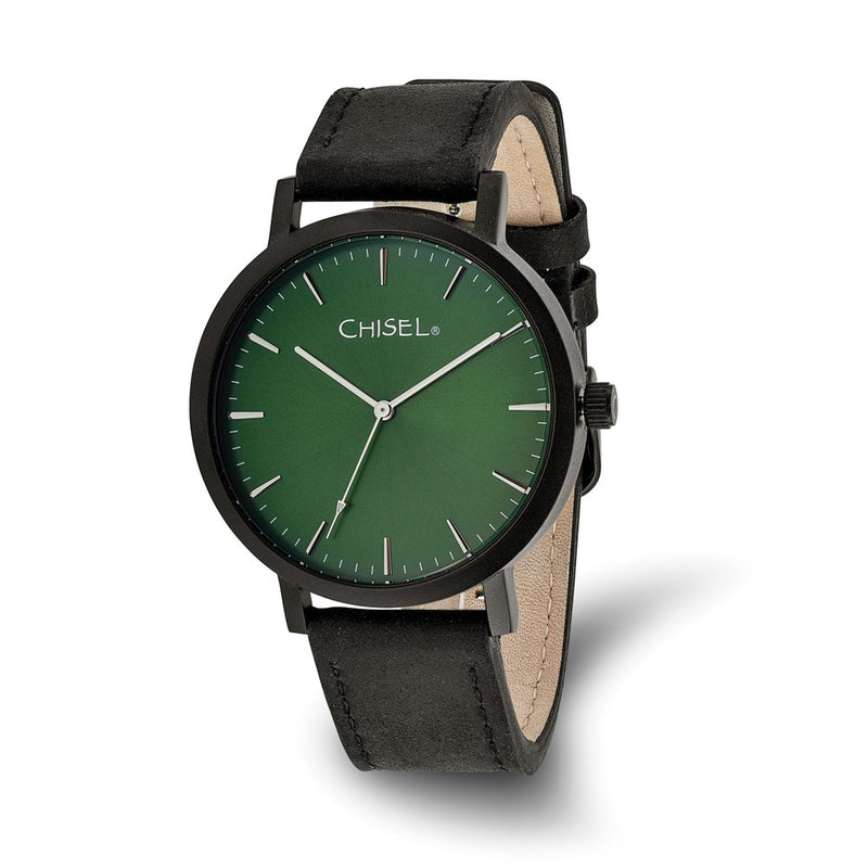 Chisel Matte Black IP-plated Green Dial Black Leather Band with Quick Release Watch