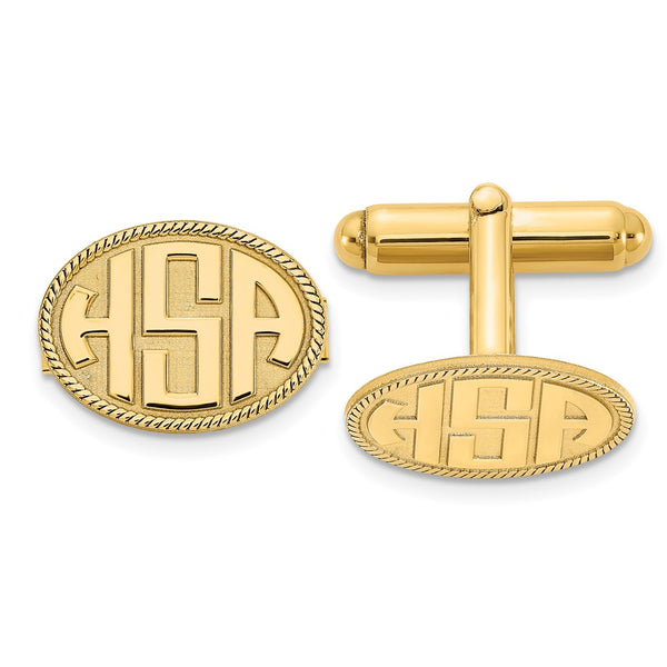 14k Yellow Gold Raised Letter Oval w/Boarder Monogram Cuff Link