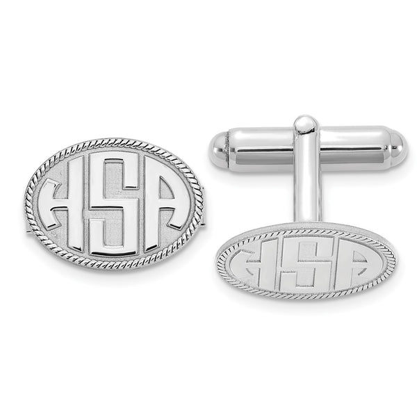 14k White Gold Raised Letter Oval w/Boarder Monogram Cuff Link