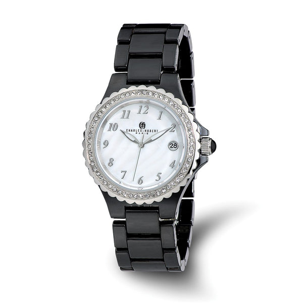 Charles-Hubert Black Ceramic 38mm Stainless Steel Crystal Bezel Mother of Pearl Dial with Date Watch