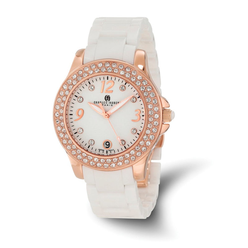 Charles-Hubert White Ceramic 40mm Stainless Steel Rose IP-plated Crystal Bezel White Dial with Date Watch