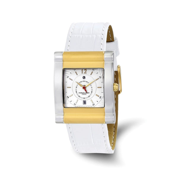 Charles-Hubert Two-Tone Yellow IP-plated Stainless Steel White Dial with Date Leather Band Watch