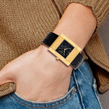 Charles-Hubert Yellow IP-plated Stainless Steel Black Dial with Day and Date Leather Band Watch