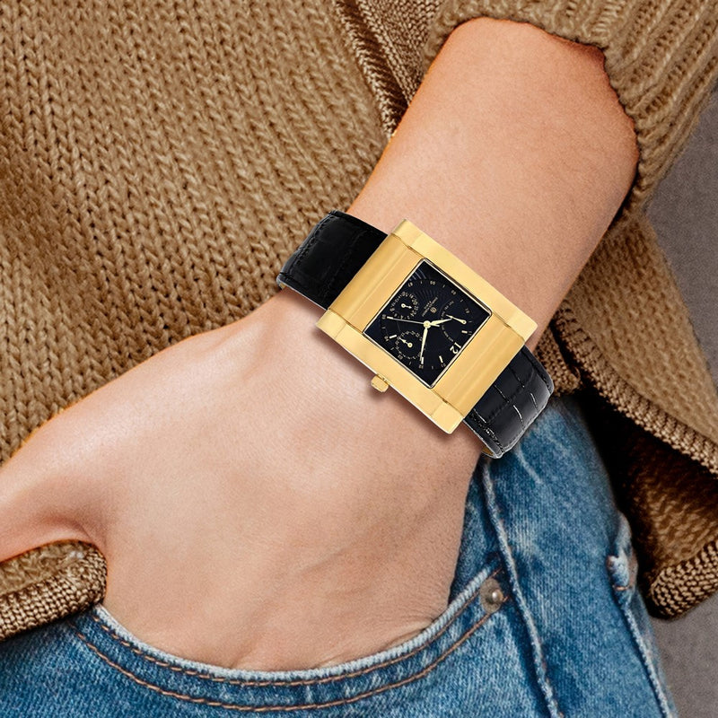 Charles-Hubert Yellow IP-plated Stainless Steel Black Dial with Day and Date Leather Band Watch
