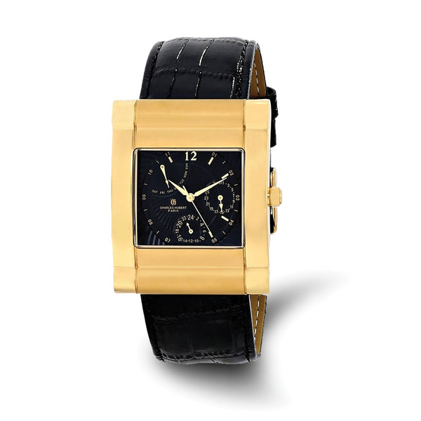 Charles-Hubert Yellow IP-plated Stainless Steel Black Dial with Day and Date Leather Band Watch