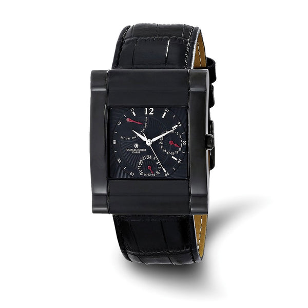 Charles-Hubert Black IP-plated Stainless Steel Black Dial with Day and Date Leather Band Watch