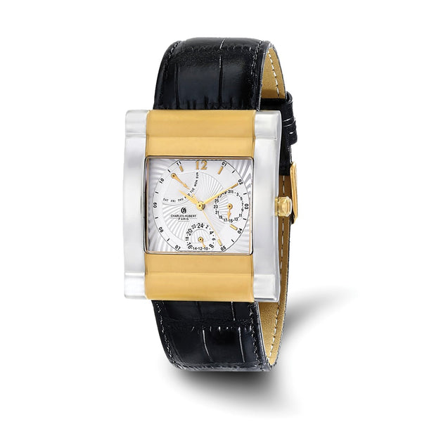 Charles-Hubert Two-Tone Yellow IP-plated Stainless Steel White Dial with Day and Date Leather Band Watch