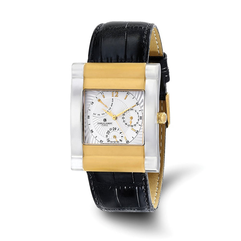 Charles-Hubert Two-Tone Yellow IP-plated Stainless Steel White Dial with Day and Date Leather Band Watch