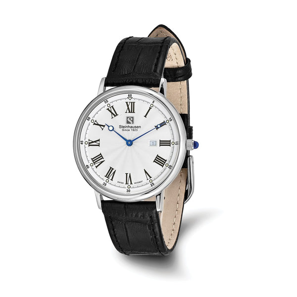Steinhausen Altdorf Stainless Steel White Flinque Dial with Black Leather Quick Release Band Watch