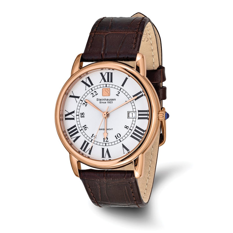 Steinhausen Delemont Rose IP-plated Stainless Steel White Dial with Brown Leather Quick Release Band Watch