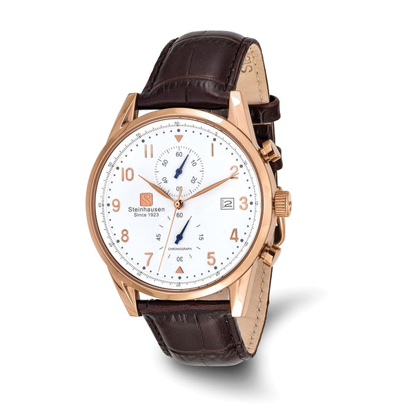 Steinhausen Lugano Rose IP-plated Stainless Steel White Dial Chronograph with Black Leather Quick Release Band Watch