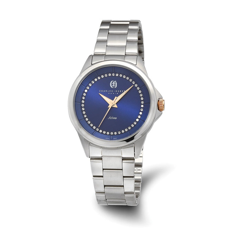 Charles-Hubert Stainless Steel Blue and Crystal Dial Watch