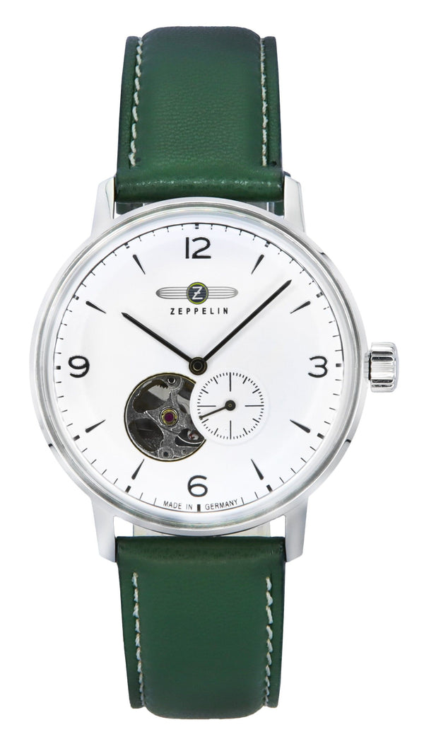 Zeppelin LZ129 Hindenburg Green Leather Strap Open Heart White Dial Automatic 80661N Men's Watch