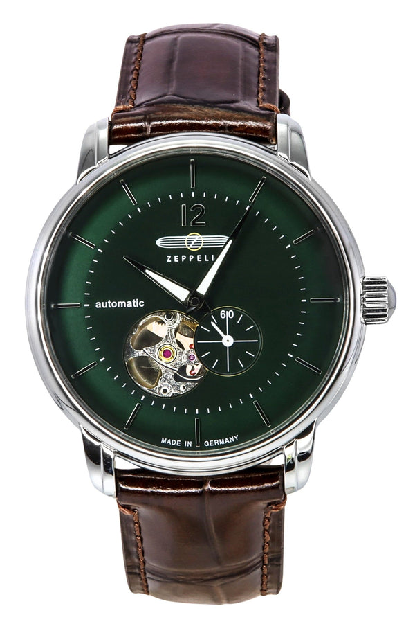 Zeppelin LZ 120 Bodensee Leather Strap Open Heart Green Dial Automatic 81664 Men's Watch