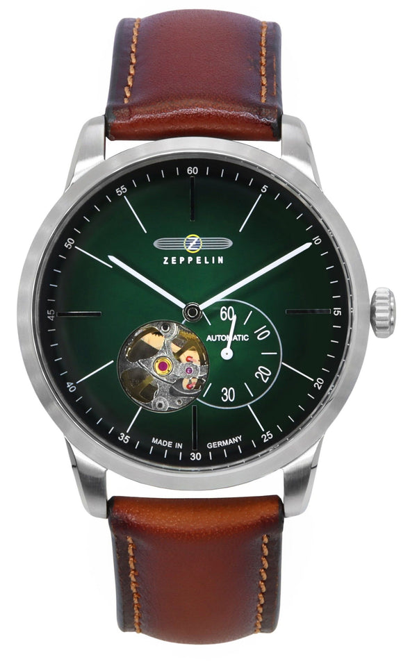 Zeppelin Flatline Leather Strap Green Open Heart Dial Automatic 83644 Men's Watch