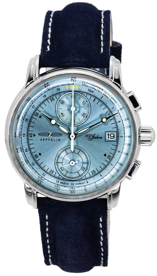 Zeppelin 100 Jahre Chronograph Leather Strap Ice Blue Dial Quartz 86704 Men's Watch